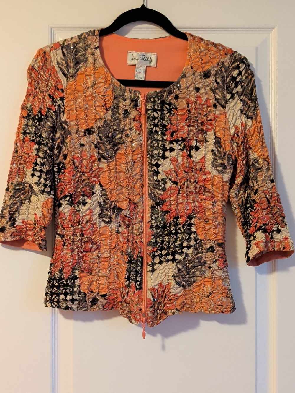 Joseph Ribkoff Textured Crinkle Popcorn Zip Up Jacket Size 10 Coral Blk